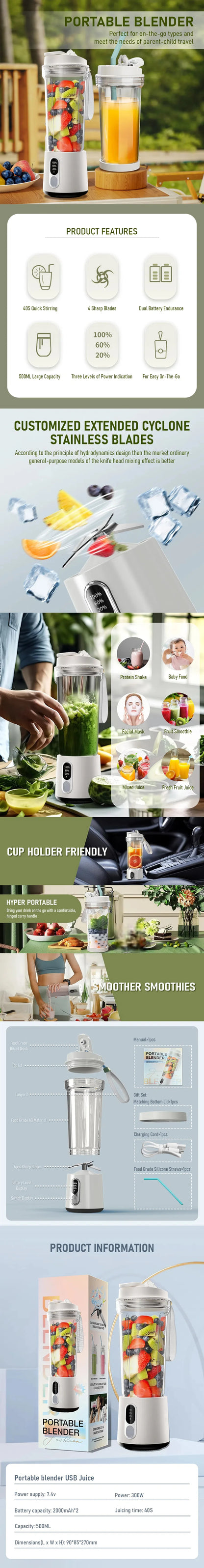 300W Portable USB Juicer Blender Cup